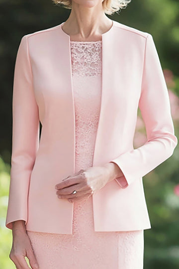 Crêpe de dentelle 2 pièces rose manches longues Robe mère de la mariée